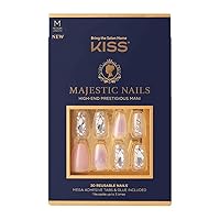 Majestic Fake Nails, In a Crown', High-End Gel Nails, 30 Reusable Medium Length Coffin Shaped Glue-On & Press-On Jeweled Accent Glue On Nails