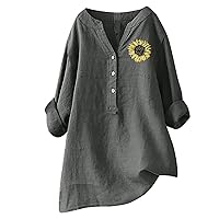 Linen Shirts for Women Plus Sized 2024 Long Sleeve V-Neck Blouse Tops Casual Flowy Summer Clothes