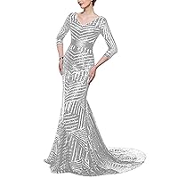 Women's Long V-Neck Mermaid Evening Dress Sequins 3/4 Sleeve Formal Prom Gowns