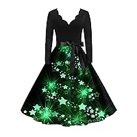 Formal Dresses for Women 2023 Christmas The Santa Claus Print Flare Dress Long Sleeve Hollow Party Tea Dresses