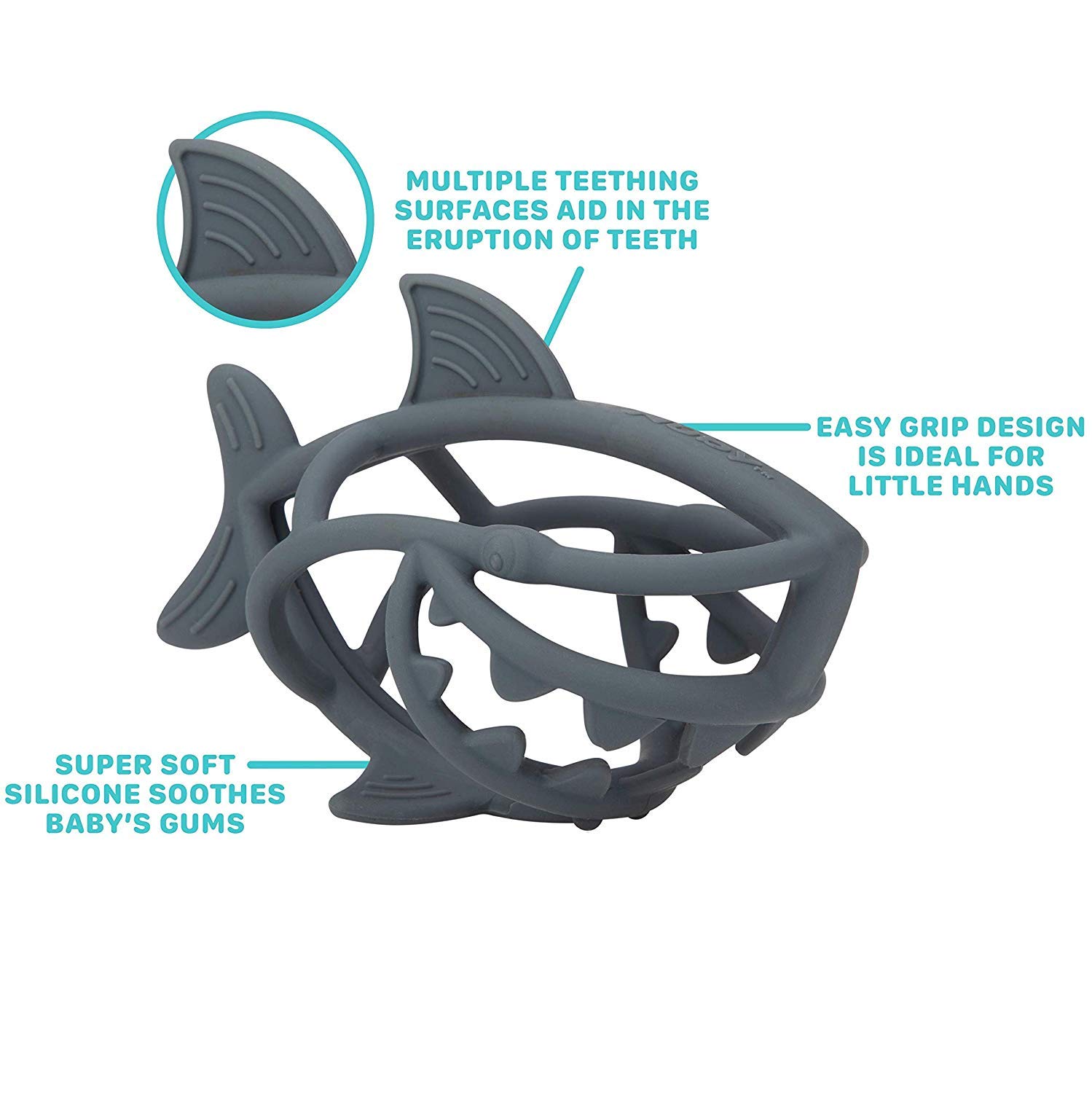Nuby Chewy Chums All Silicone Soothing Teether, Shark - 3M+