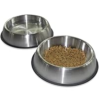 PetFusion Premium Brushed Anti-Tip Dog & Cat Bowls (Set of 2 Bowls). Food Grade Stainless Steel. Bonded Silicone Ring for Traction, Metallic, 32 oz
