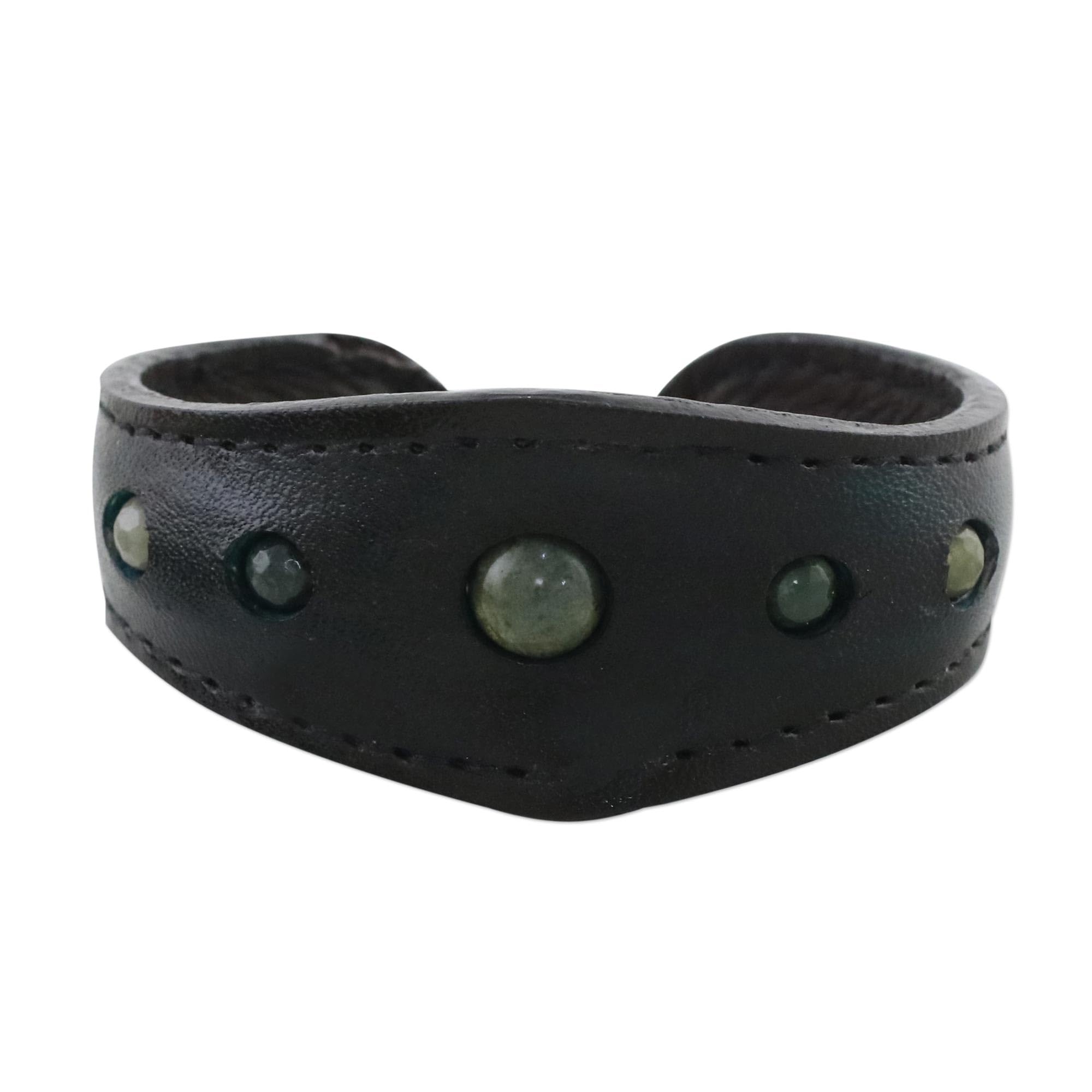 NOVICA Handmade Agate Cuff Bracelet Green Leather Black Thailand Birthstone [7 in L (end to End) x 1.2 in W] 'Green Moss Power'