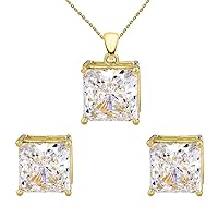 9 ct Yellow Gold Elegant Princess Cut Necklace and Stud Earrings Set