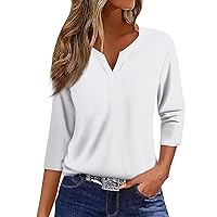 Henley Tops for Women,3/4 Length Sleeve Womens Tops Button Henley V Neck Shirts Henley 2024 Summer Blouses Dressy Fashion Print Clothes Womens Three Quarter Sleeve Tops