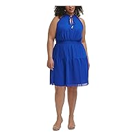 Vince Camuto Womens Blue Stretch Ruffled Smocked Sleeveless Tie Neck Above The Knee Party Fit + Flare Dress Plus 18W