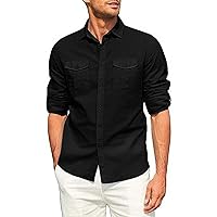 Mens Casual Button Down Shirts Cotton Linen Long Sleeve Dress Shirts Lightweight Plus Size Classic Fit Soft Comfy Shirts