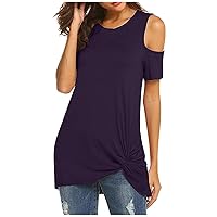 Women Twist Knot Side Cold Shoulder Tunic Tops Summer Crewneck Short Sleeve Trendy Casual Loose Fit Solid T-Shirts