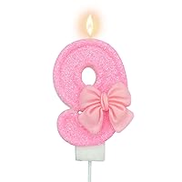 Pink Number 9 Candle for Girl Birthday Party Decorations, Girl 9th Birthday Party Decorations Supplies, 3D Bow Designed Pink Number Candles for Birthday Cake Topper Decorations (Pink 9 Candle)