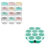 KeaBabies 12-Pack Baby Food Glass Containers and Silicone Baby Food Freezer Tray with Clip-on Lid - 4 oz Leak-Proof, Microwavable, Baby Food Storage Container - Breast Milk Trays for Freezer