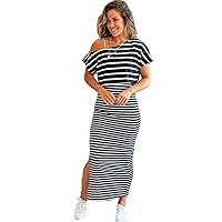 Women's Stylish Black Stripe Asymmetric Shoulder Tee Slit Pencil Dress Set