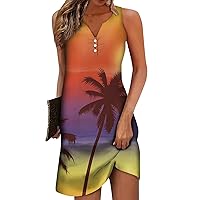 Hawaiian Dresses for Women Summer Sleeveless V-Neck Button Tank Dress Gradient Colorful Beach Mini Dress Sun Dress