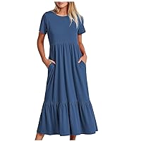 Vacation Dresses for Women Summer Casual Short Sleeve Crewneck Swing Dress Flowy Tiered Maxi Beach Dress with Pockets