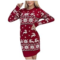 Christmas Tops for Women Reindeer Snowflake O Neck Long Sleeve Blouse Midi Chunky Knit Tunic Sweater