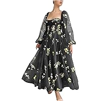 Women's Puffy Prom Dresses Flower Embroidery Tulle Formal Evening Party Gowns Floral Long Sleeve Homecoming Dresses