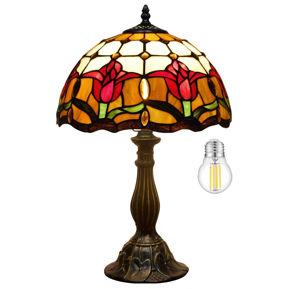 WERFACTORY Tiffany Table Lamp Stained Glass Style Tulip Flower Bedside Reading Desk Light 12X12X18 Inches Decor Nightstand Bedroom Living Room Home...