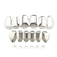 Universal Fit Silver Plated Hip Hop Teeth Grills Caps 6 Top & Bottom Grills Set