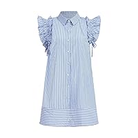 Sleeveless Dress for Women Striped Print Ruffle Trim Button Front Shirt Dress