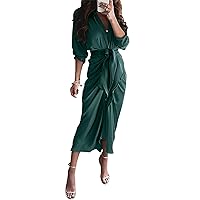 BTFBM Women Long Sleeve Satin Dress 2024 Spring Summer Lapel V Neck Button Down Belted Elegant Ruched Maxi Shirt Dresses