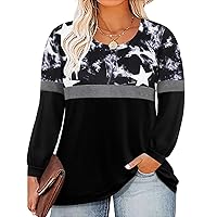 RITERA Plus Size Tops for Women Long Sleeve Casual Shirts Round Neck Stars Colorblock Tees 4XL