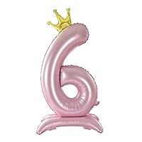 Tellpet Crown Pink Number 6 Balloon with Base For Girls 6th Birthday Party Decoration