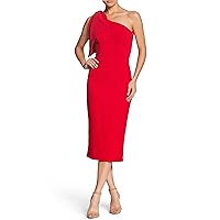Dress the Population Women's Tiffany Asymmetrical Bow Neckline Bodycon MIDI Dress, Rouge, Large