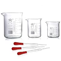 Glass Beakers, Pack of 6 Low Form Glass Measuring & Glass Droppers Set, 3 Graduated Griffin Beakers in 3 Sizes with Scales, 250ml, 100ml, 50ml, 3 Glass Droppers Without Scales (3ml per Drop)
