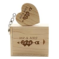 32GB Wood USB 3.0 Flash Drive with Laser Engraved Mr & Mrs Design - 32GB Wooden Heart Shape USB Stick with Box for Wedding, Couple, Parents (Maple)