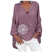 Cotton Linen Tops Blouses for Women Plus Size T-Shirt Long Sleeve Sweatshirt Floral Print Loose Pullover Shirt