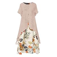 Cotton Linen Maxi Dress for Women Casual Plus Size Floral Print Dress O Neck Irregular Hem Loose Long Dress