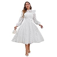 Womens Plus Size Dresses Summer Stand Collar Plain Ruffle Trim Belted Lace Dress