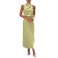 PRETTYGARDEN Women's 2024 Summer Satin Dress Elegant Sleeveless Mock Neck Cocktail Party Maxi Dresses