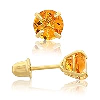 14k Yellow Gold 5mm Yellow Citrine Round-Cut Solitaire Stud Earrings with Screw-backs, Natural Earth Mined Citrine, 1 cttw
