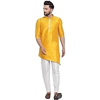 Men's indian traditional Shirt Kurta Trail Cut Wedding party Wear Big Tall Pajama Pant Set Yellow Silk