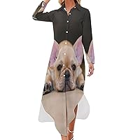 French Bulldog Women Shirt Dress Button Down Maxi Dress Long Swing Dress Casual Party Dresses