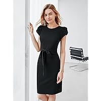 Women's Dress Petal Sleeve Self Belted Dress (Color : Black, Size : Medium)