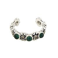 925 Sterling Silver Green ONYX and Marcasite Gemstone Flower Adjustable Toe Ring