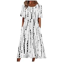 Going Out Dresses for Women Summer Floral Causal V-Neck Button Short Sleeve Midi Dress with Pockets Loose Beach Sundresses