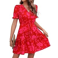 Red Dresses for Women Floral Print Puff Sleeve Ruffle Hem Knot Front Dress