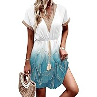 2024 Womens Summer Casual Boho Floral Dresses V Neck Short Sleeve Lace Flowy Swing A-Line Mini Dress Beach Vacation