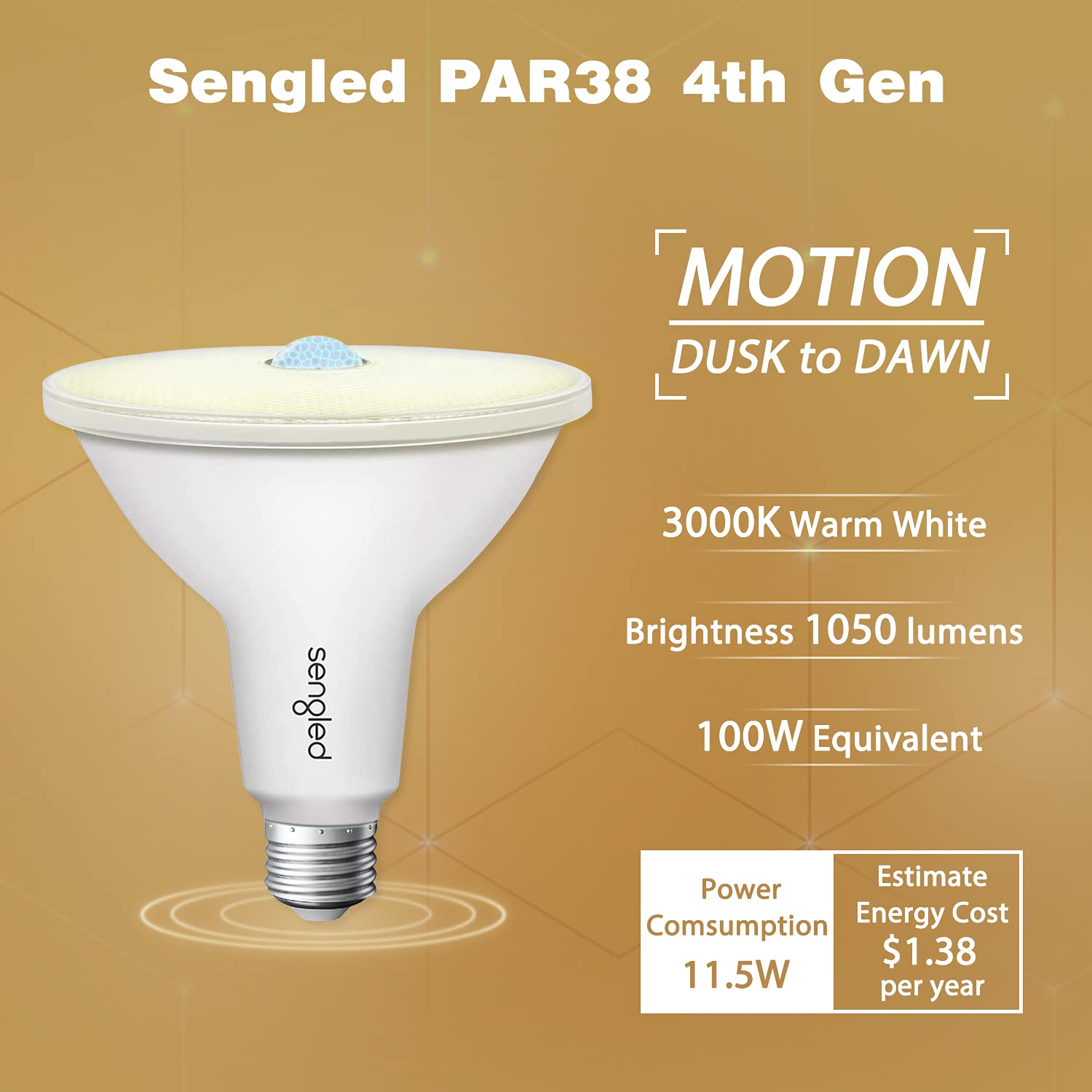 Sengled Motion Sensor Flood Lights Outdoor Dusk to Dawn Security Light Bulbs, E26 PAR38 Motion Activated 3000K Warm White, 1050LM, Waterproof LED Light Bulbs for Porch, Driveways, 4 Pack 4rd Gen