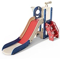6 in 1 Toddler Slide for Toddlers Age 1-3, Extra-Long Slide with Basketball Hoop Indoor and Outdoor Baby Climber Playset Playground Freestanding Slide (Small, Red+Blue)