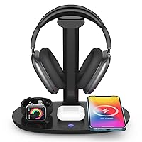 Headphone Stand with 4 in 1 Wireless Charger -Headset Holder & Station Dock for Apple Watch, AirPods Max/Pro/2/ iPhone 13/12/11, LG, Samsung Galaxy, Huawei Phone, and All Headphones Size (Black)