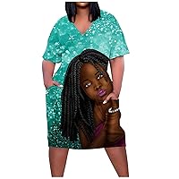 Women Cute Cartoon Head Short Sleeve T-Shirt Dress with Pockets Summer Trendy Casual V-Neck Oversized Swing Dresses