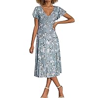 Women's Spring Dresses 2024 Swing Long Dress Chiffon Floral Short Sleeve Ruffle V Neck Fashion Waist Dress, S-2XL