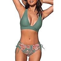 CUPSHE Bikini Set for Women Two Piece Swimsuit V Neck Triangle Top Wide Straps Cross Back Lace up Mid Rise
