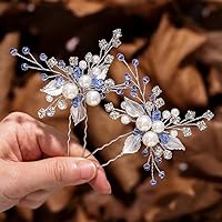 Brides Blue Wedding Hair Pins Pearl Bridal Hair Pieces Silver Crystal Head Clip Leaf Bride Hair Accessories for Women and Girls(Pack of 2)