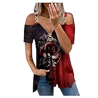 Tops for Women,Womens Stitching V-Neck Tops Short Sleeve Workout Shirts Casual Loose Tees Shirts for Women