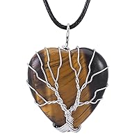 TUMBEELLUWA Natural Crystal Tree Healing Heart Pendant Wire Wrapped Chakra Necklace with Wax Rope Reiki Elegant Jewelry