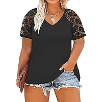 DOLNINE Plus-Size-Tops for Women Summer V Neck Casual Shirts Lace Short Sleeve Tees